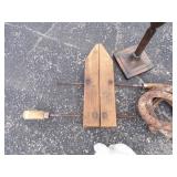 Vintage Lot, Wood Clamp, Candle Holder, Horse Shoes, and Dog