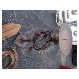 Vintage Lot, Wood Clamp, Candle Holder, Horse Shoes, and Dog