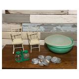Tupperware Bowl, Minatare Chairs, Ball Canning Lids