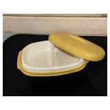 Vintage Tupperware Harvest Gold Steamer Rice Cooker and Store and Pour containers, Vintage wood roller, wood cat wall hanging