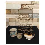 Tier stand, crock, pottery teapots