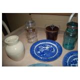 (3) plates. (2) crocks, (3) vintage...