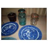 (3) plates. (2) crocks, (3) vintage...
