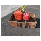 Set of (2) Empty Gas Cans and (3) Wooden Apple Crates