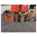 Set of (2) Empty Gas Cans and (3) Wooden Apple Crates