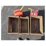 Set of (2) Empty Gas Cans and (3) Wooden Apple Crates