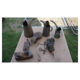 Three Vintage Metal Oil Cans--Two Brown Crocks W/ Lids--Etc.