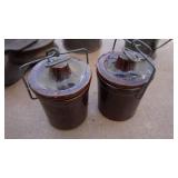 Three Vintage Metal Oil Cans--Two Brown Crocks W/ Lids--Etc.