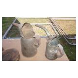 Three Vintage Metal Oil Cans--Two Brown Crocks W/ Lids--Etc.
