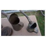 Three Vintage Metal Oil Cans--Two Brown Crocks W/ Lids--Etc.