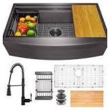 aKdy All-in-One Matte Black Finished Stainless Steel 33 in. x 20 in. Farmhouse Apron Mount Kitchen Sink with Faucet see pictures