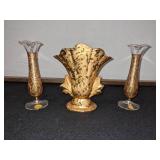 Hand Decorated 22k Gold Vase & 2 Glastonbury Bud Vases w/Gold Overlay
