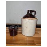 Antique Stoneware Whiskey Jug & Butter Crock w/Wire Bail Top