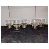 Hollywood Regency Set of 6 Glass Coffee Cups in Gold Tone Bases