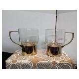 Hollywood Regency Set of 6 Glass Coffee Cups in Gold Tone Bases