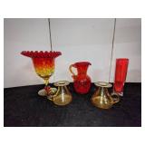 Decorative Red & Gold Glassware, Including Fenton Vase