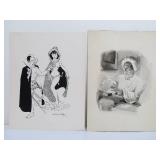 2 Old Vintage Original Illustration Drawings