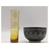 Vintage Bamboo Shaped Glass Vase and Japanese Ceramic Bowl