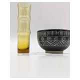 Vintage Bamboo Shaped Glass Vase and Japanese Ceramic Bowl