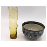 Vintage Bamboo Shaped Glass Vase and Japanese Ceramic Bowl