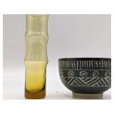 Vintage Bamboo Shaped Glass Vase and Japanese Ceramic Bowl