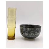 Vintage Bamboo Shaped Glass Vase and Japanese Ceramic Bowl