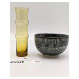 Vintage Bamboo Shaped Glass Vase and Japanese Ceramic Bowl