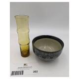 Vintage Bamboo Shaped Glass Vase and Japanese Ceramic Bowl