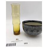 Vintage Bamboo Shaped Glass Vase and Japanese Ceramic Bowl