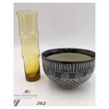 Vintage Bamboo Shaped Glass Vase and Japanese Ceramic Bowl