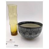 Vintage Bamboo Shaped Glass Vase and Japanese Ceramic Bowl