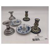 2 Rare Ceramika Artystyczna Polish Candlesticks, Pewter Candlesticks, Blue Onion Porcelain Candlesticks