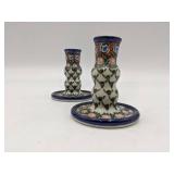 2 Rare Ceramika Artystyczna Polish Candlesticks, Pewter Candlesticks, Blue Onion Porcelain Candlesticks
