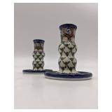 2 Rare Ceramika Artystyczna Polish Candlesticks, Pewter Candlesticks, Blue Onion Porcelain Candlesticks