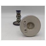 2 Rare Ceramika Artystyczna Polish Candlesticks, Pewter Candlesticks, Blue Onion Porcelain Candlesticks