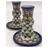 2 Rare Ceramika Artystyczna Polish Candlesticks, Pewter Candlesticks, Blue Onion Porcelain Candlesticks