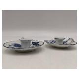 2 Rare Ceramika Artystyczna Polish Candlesticks, Pewter Candlesticks, Blue Onion Porcelain Candlesticks
