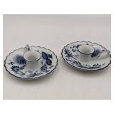 2 Rare Ceramika Artystyczna Polish Candlesticks, Pewter Candlesticks, Blue Onion Porcelain Candlesticks