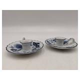 2 Rare Ceramika Artystyczna Polish Candlesticks, Pewter Candlesticks, Blue Onion Porcelain Candlesticks