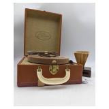 Home Stereo Collection- Vintage Symphonie Suitcase Record Player &Wooden Cell Phone Amplifier, Vintage 45 Records Set