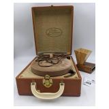 Home Stereo Collection- Vintage Symphonie Suitcase Record Player &Wooden Cell Phone Amplifier, Vintage 45 Records Set