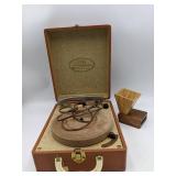 Home Stereo Collection- Vintage Symphonie Suitcase Record Player &Wooden Cell Phone Amplifier, Vintage 45 Records Set