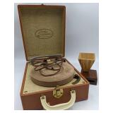 Home Stereo Collection- Vintage Symphonie Suitcase Record Player &Wooden Cell Phone Amplifier, Vintage 45 Records Set