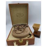 Home Stereo Collection- Vintage Symphonie Suitcase Record Player &Wooden Cell Phone Amplifier, Vintage 45 Records Set