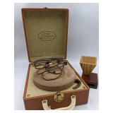 Home Stereo Collection- Vintage Symphonie Suitcase Record Player &Wooden Cell Phone Amplifier, Vintage 45 Records Set