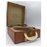 Home Stereo Collection- Vintage Symphonie Suitcase Record Player &Wooden Cell Phone Amplifier, Vintage 45 Records Set