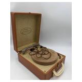 Home Stereo Collection- Vintage Symphonie Suitcase Record Player &Wooden Cell Phone Amplifier, Vintage 45 Records Set