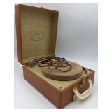 Home Stereo Collection- Vintage Symphonie Suitcase Record Player &Wooden Cell Phone Amplifier, Vintage 45 Records Set