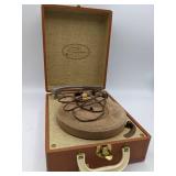 Home Stereo Collection- Vintage Symphonie Suitcase Record Player &Wooden Cell Phone Amplifier, Vintage 45 Records Set