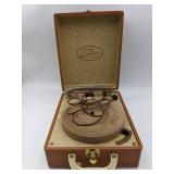 Home Stereo Collection- Vintage Symphonie Suitcase Record Player &Wooden Cell Phone Amplifier, Vintage 45 Records Set